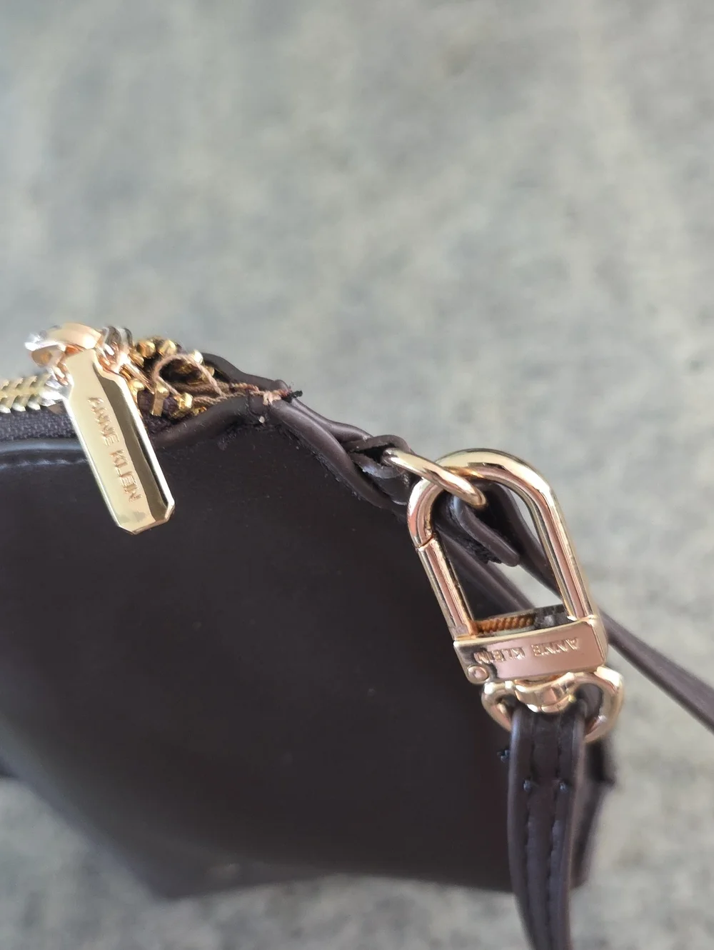 Anne Klein Chocolate Brown Faux Leather Wristlet Clutch with Gold Logo